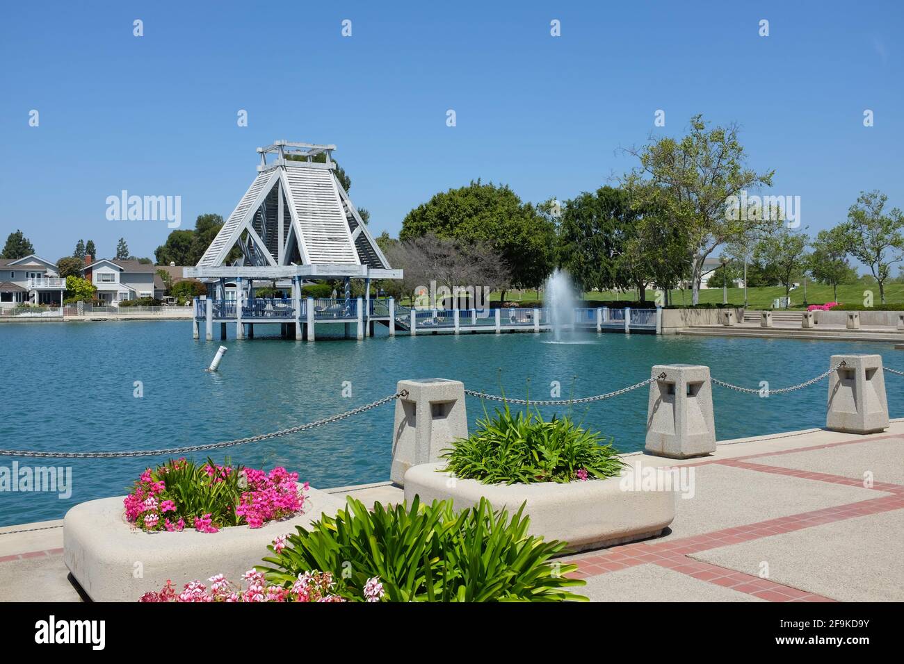 IRVINE, CALIFORNIA - 16 APR 2021: The South Lake Gazebo and fountain in the Woodbridge Village of Irvine. Stock Photo