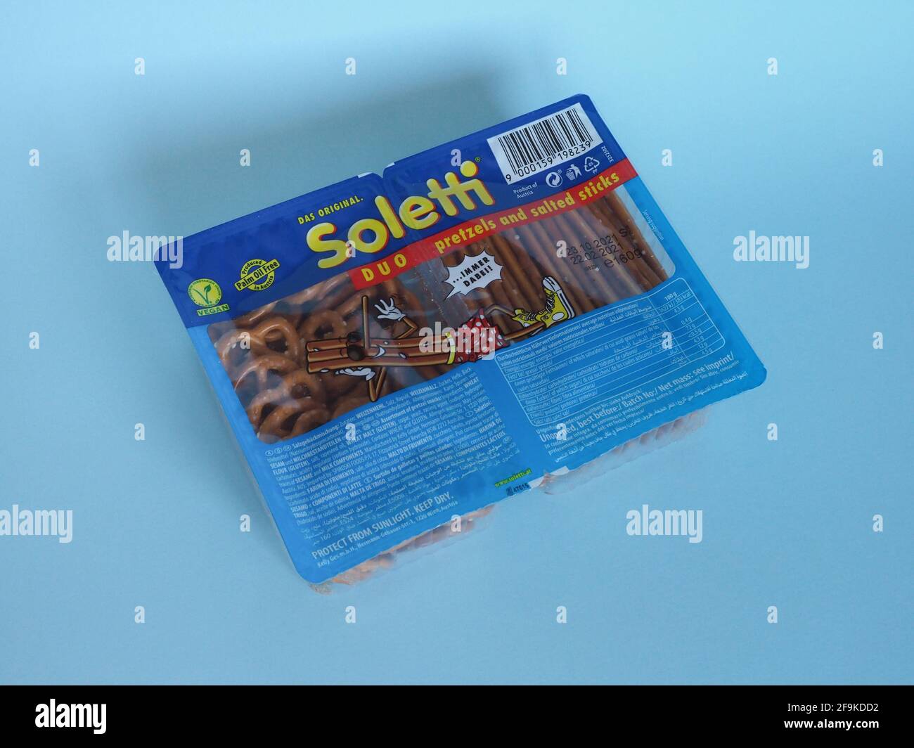 FELDBACH, AUSTRIA - CIRCA APRIL 2021: Packet of Soletti pretzels and salted sticks Stock Photo