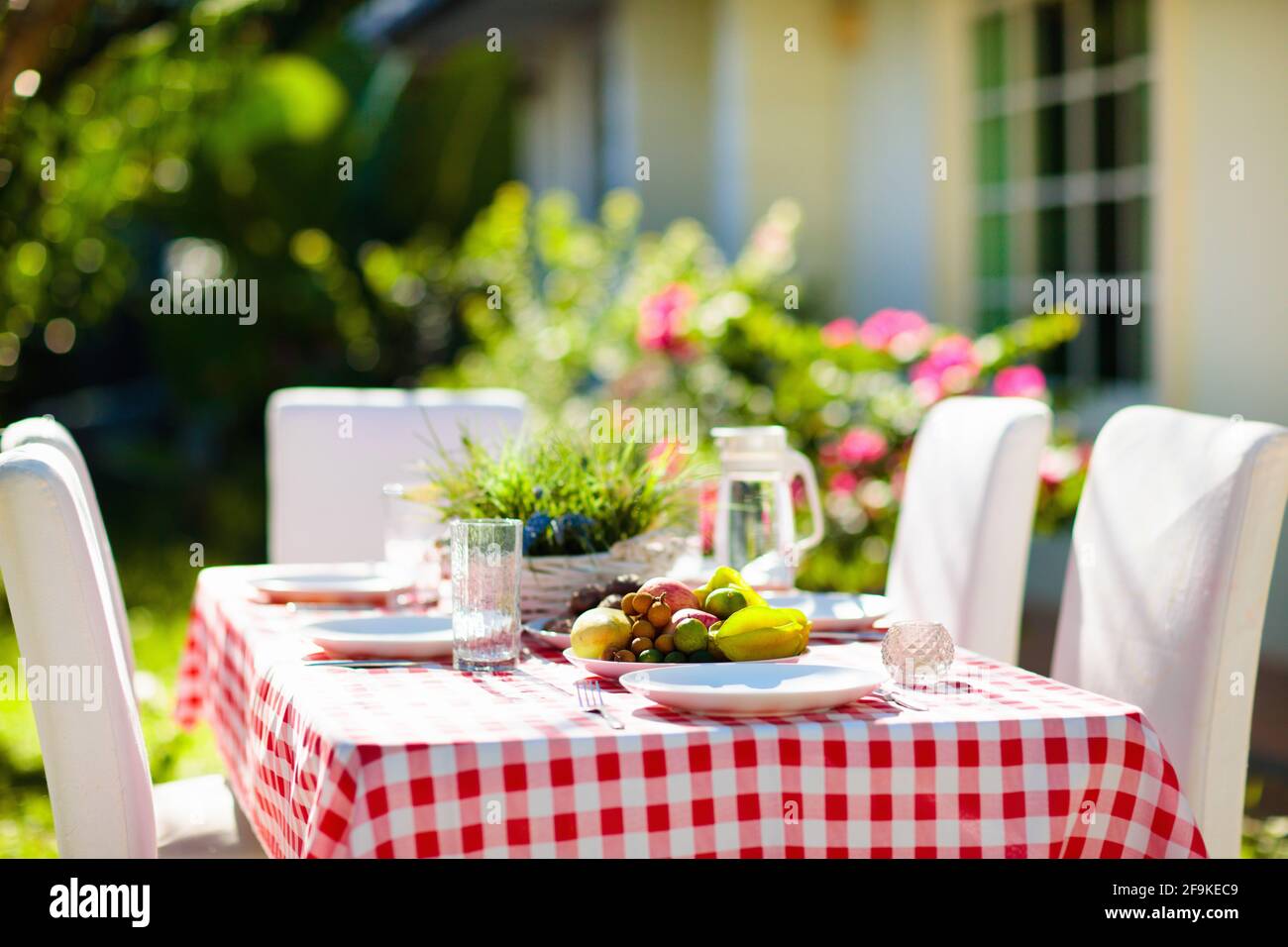Summer lunch outdoors. Table setting for barbecue party. Garden fun. BBQ in sunny backyard. Party decoration. picnic. Stock Photo