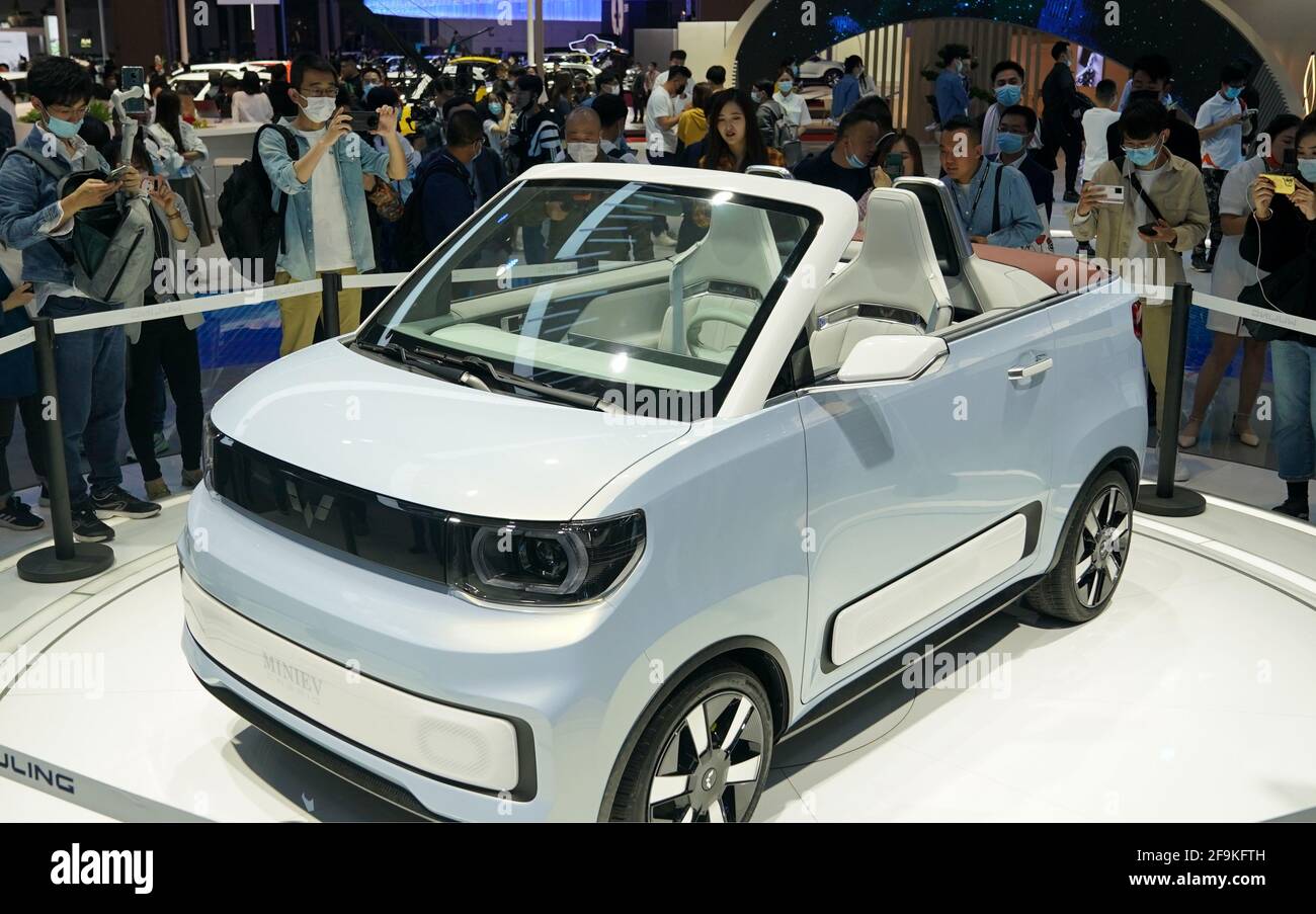 Shanghai, China. 19th Apr 2021.  The new energy convertible Hongguang MINIEV CABRIO developed by SAIC-GM-Wuling (SGMW), a major Chinese automobile manufacturer, is displayed at the 19th International Automobile Industry Exhibition (Auto Shanghai 2021) in Shanghai, east China, April 19, 2021. The 19th International Automobile Industry Exhibition (Auto Shanghai 2021) kicked off at the National Exhibition and Convention Center (Shanghai) Monday. Credit: Xinhua/Alamy Live News Stock Photo