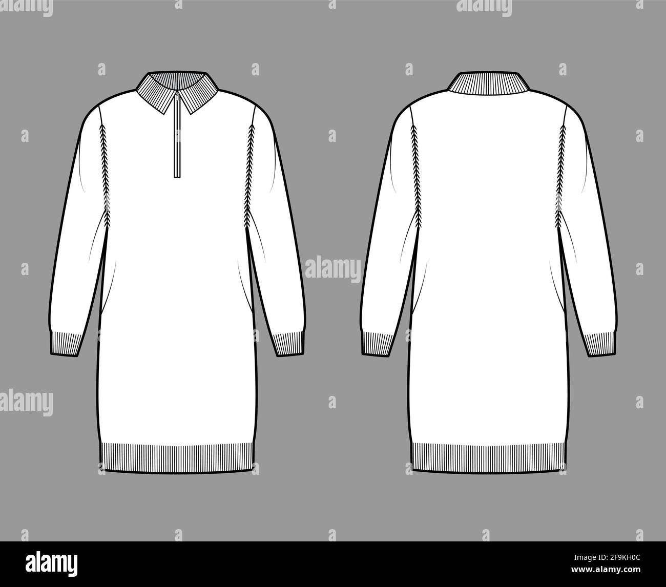 Zipup dress Sweater technical fashion illustration with rib henley neck, classic collar, long