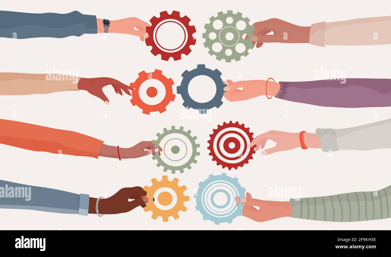 Cooperation teamwork and collaboration concept. Hands holding a gear that connects to another cogwheel Communication between diverse people. Diversity Stock Vector
