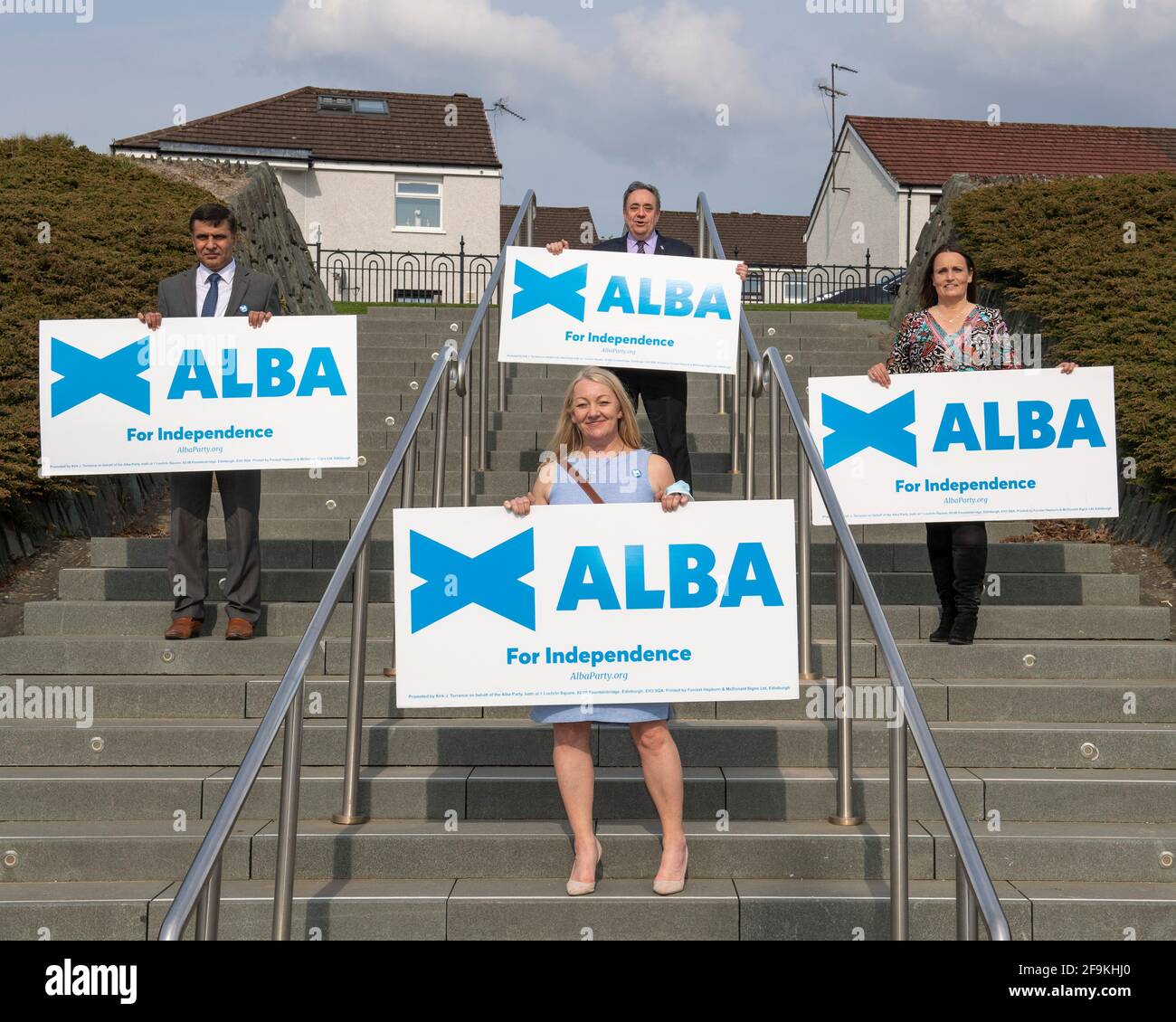 Glasgow, Scotland, UK. 19 April 2021. PICTURED: Alex Salmond Leader of the Alba Party (top) marks the start of the ALBA Glasgow campaign with ALBA Glasgow Candidates: (bottom) Cllr Michelle Ferns, (right) Ailsa Gray, (left) Cllr Shahid Farooq and Lynn McMahon. Mr Salmond will outline ALBA's plans to enhance the Educational Maintenance Allowance and Cllr Ferns will set out how ALBA intend to provide Financial support to taxi drivers and private hire drivers. Speaking in advance of the Photo call ALBA Party Leader Alex Salmond said: “ Today we are announcing targeted measures to support you Stock Photo