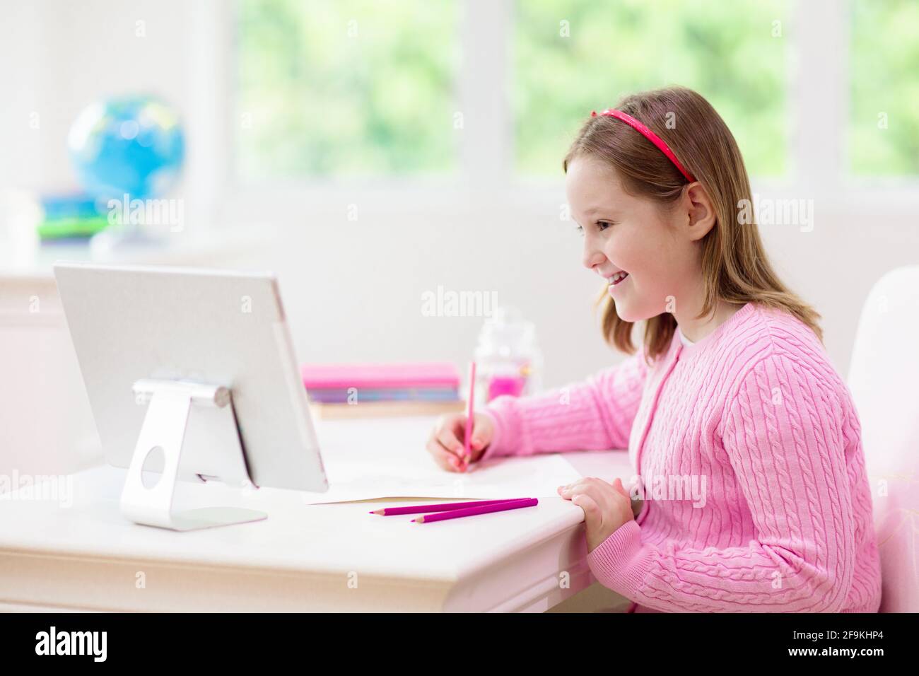 Online Remote Learning School Kids With Computer Having Video Online remote learning school kids with computer having video