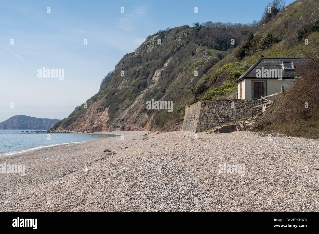 A house on the beach at Weston Mouth, between Branscombe and Sidmouth, Devon, part of the South West Coastal Path. Stock Photo