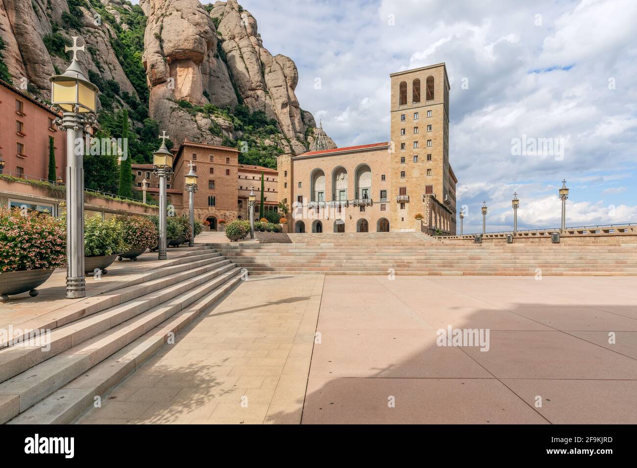 Square in front of the famous monastery Santa Maria de Montserrat Abbey. Catalonia, Spain Stock Photo