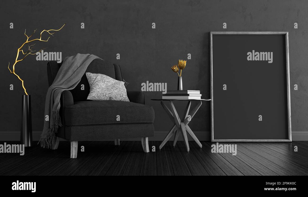 Modern living room interior design with black fabric armchair and gold decoration 3d render 3d illustration Stock Photo
