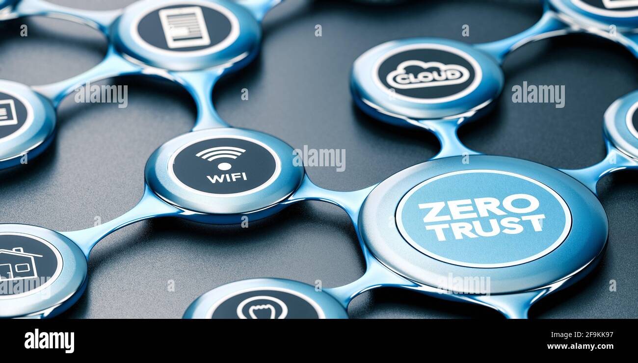 3D illustration of a blue network with icons and the text zero trust ...