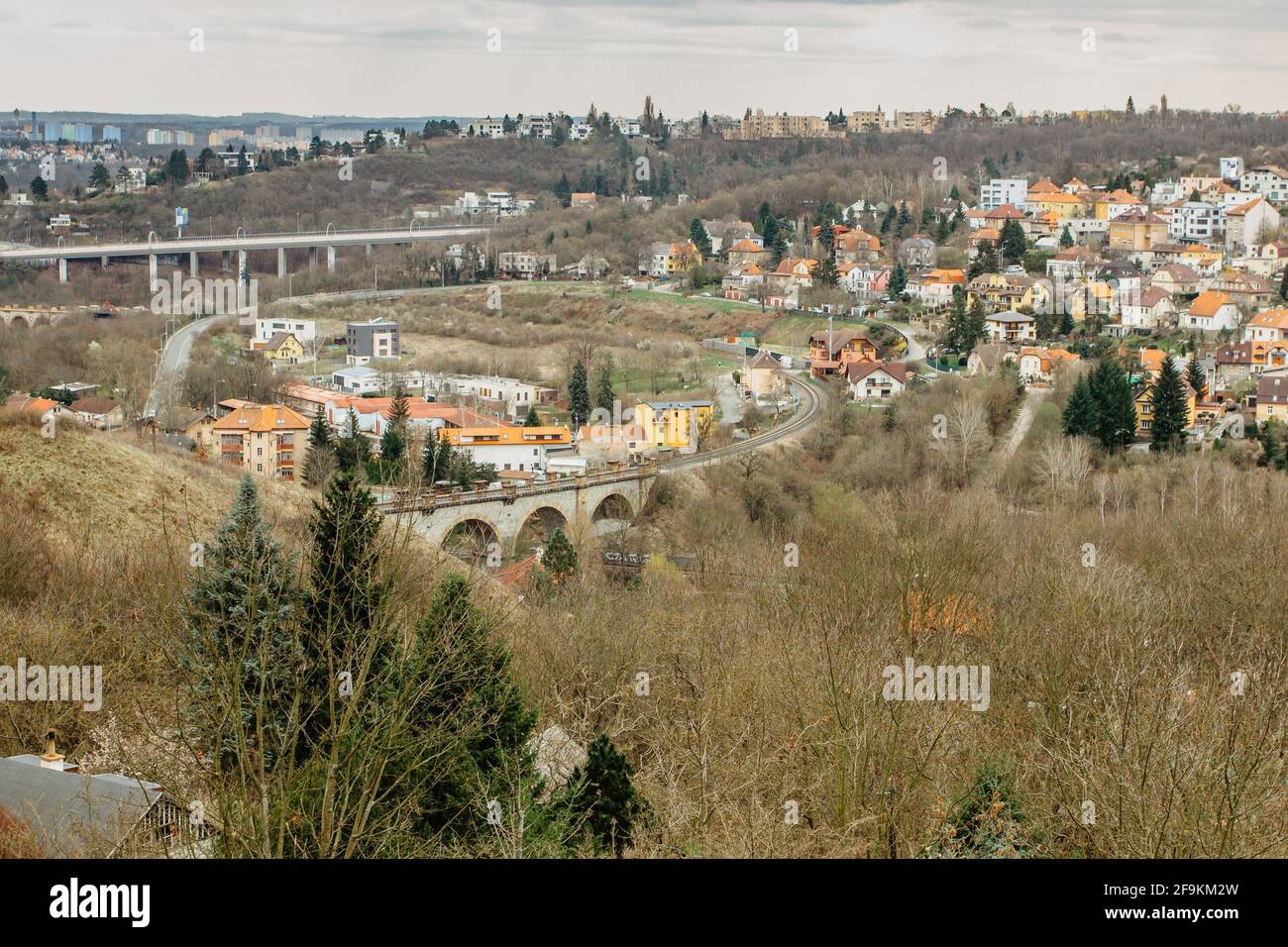 Prague,Czech republic Real estate residential concept.Czech architecture view from above.Panoramic city skyline.Barrandov Bridge and old railway Stock Photo