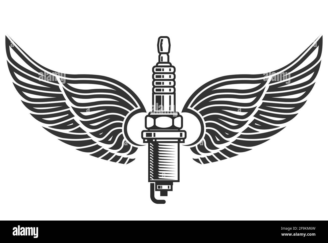 Winged spark plug, car service logo or emblem, engine sign, vector