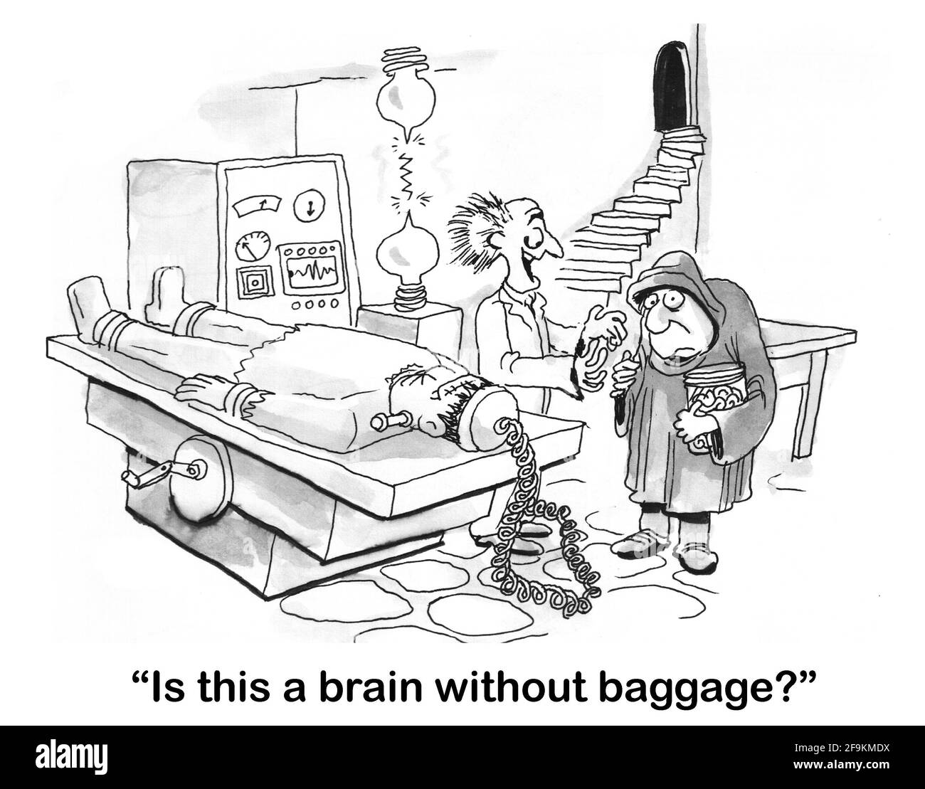 Mad scientist asks assistant if he brought a brain without baggage. Stock Photo
