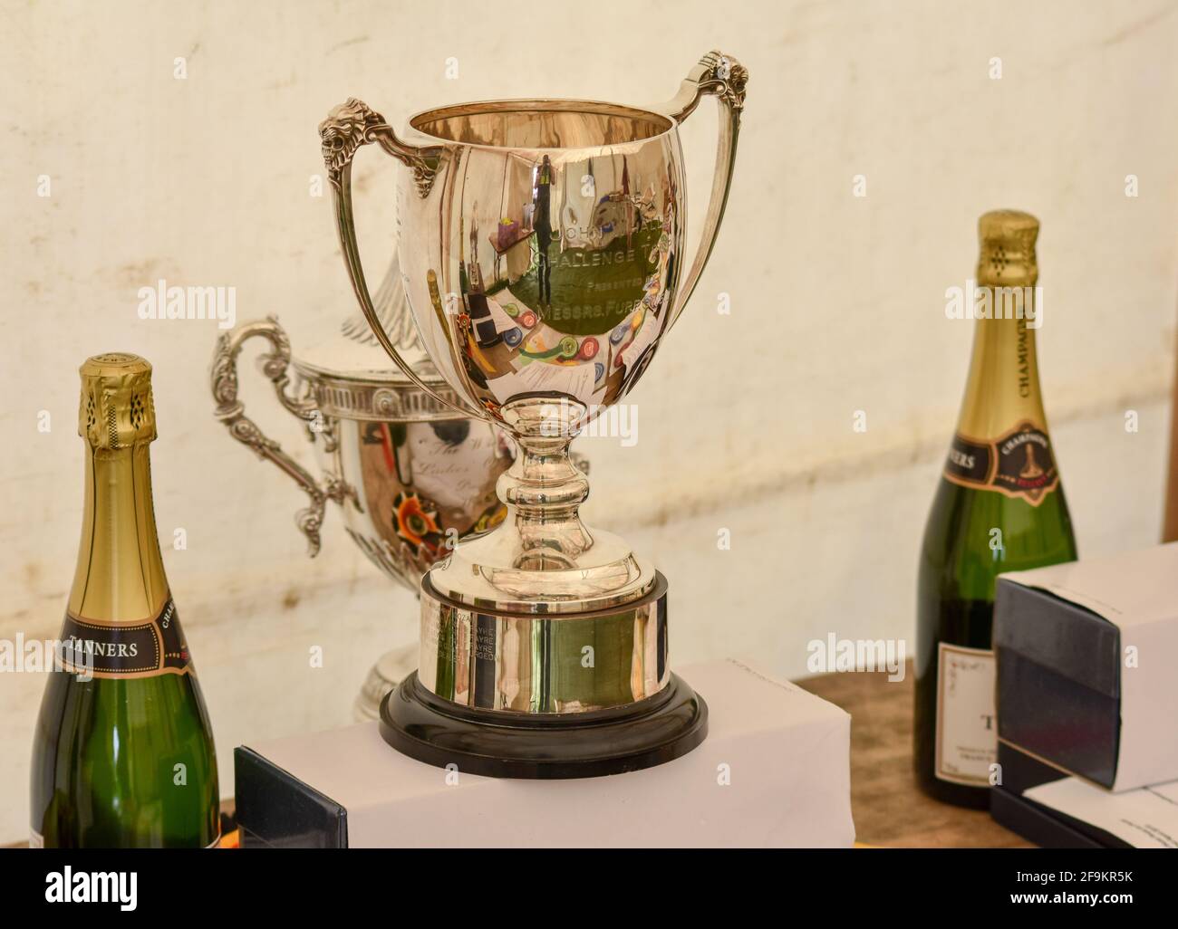 Point2Point Racing trophies and champagne for the winners Stock Photo