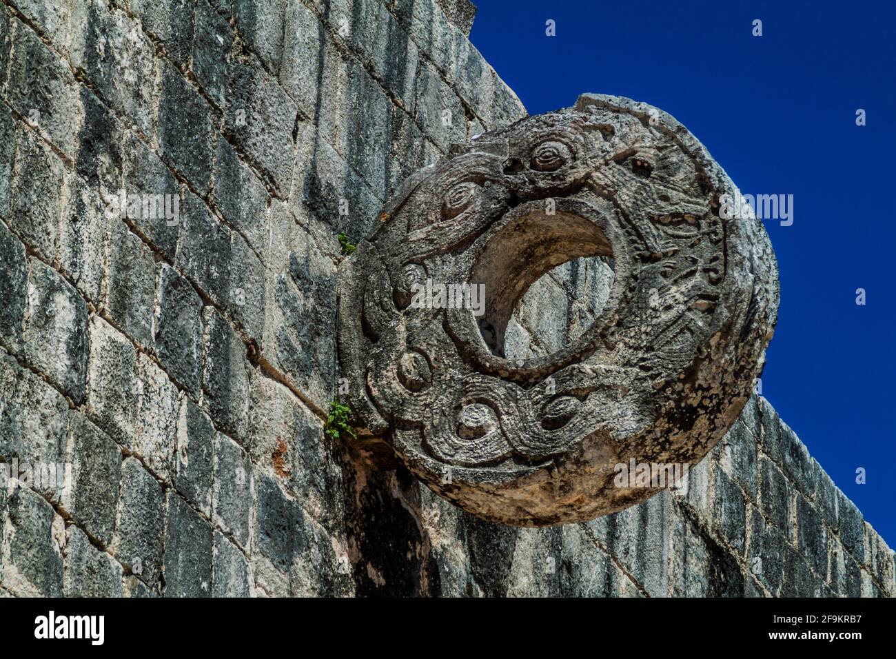 Hoop at The great ball game court at the archeological site Chichen Itza. Stock Photo