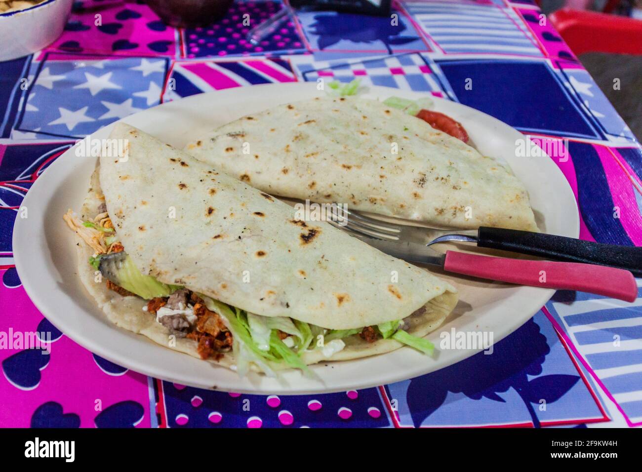 Portion of quesadillas in a restaurant in Tulum, Mexico. Stock Photo