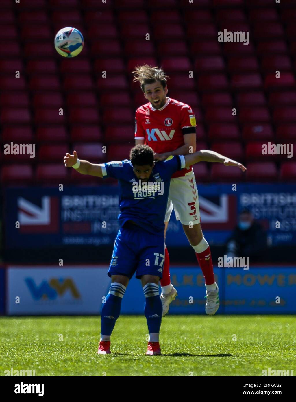 Charlton Athletic's Ben Purrington and Ipswich Town's Keanan Bennetts (left) battle for the ball during the Sky Bet League One match at The Valley, London. Picture date: Saturday April 17, 2021. Stock Photo