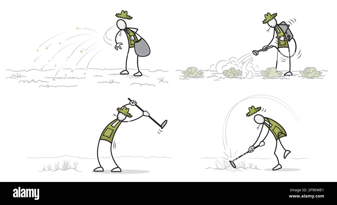 Set of farmer at outdoor activities in different poses. Print vector illustration Stock Vector