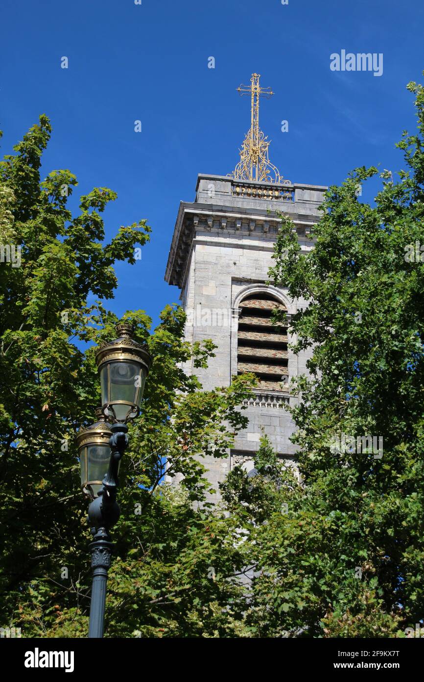 FRANCE, BESANCON,  PLACE DU 8 SEPTEMBRE, JULY 29, 2017: Tower of the Catholic Church Saint Pierre in the city center of Besancon in France Stock Photo