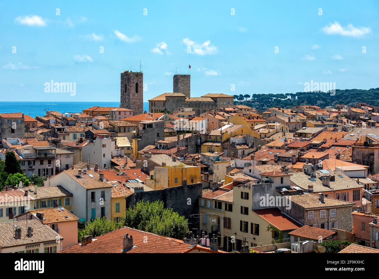 View from above of old town of Antibes under blue sky in France. Stock Photo