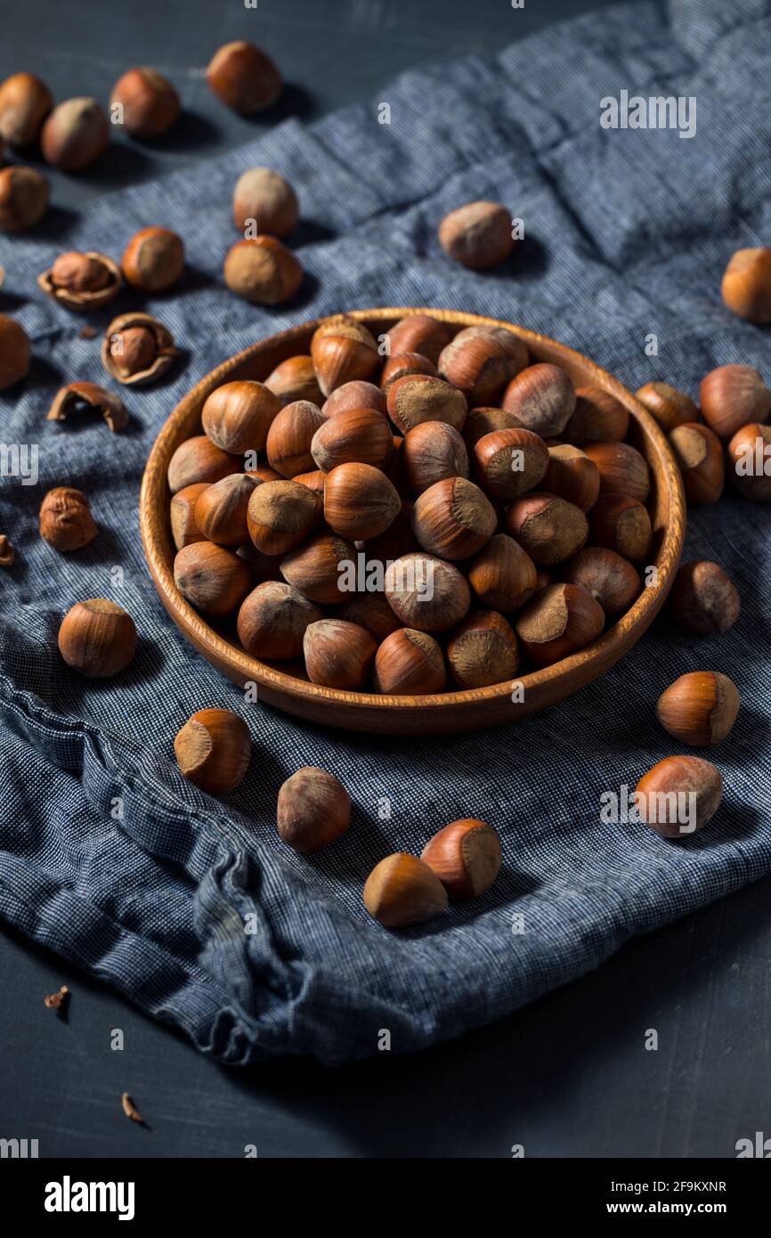 Raw Organic Unshelled Hazelnuts in a Bowl Stock Photo