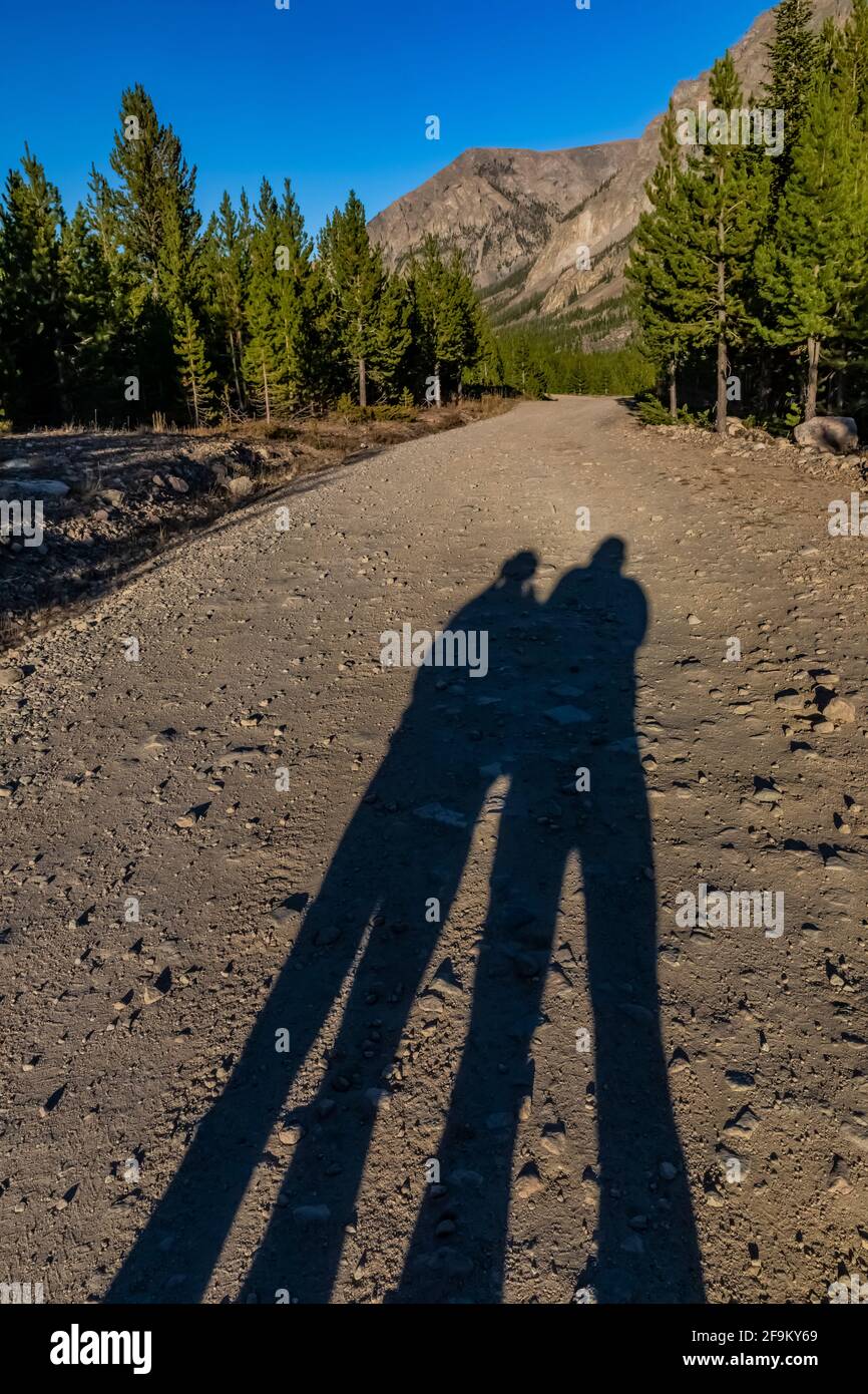Long shadows of lovers along Rock Creek Road in the Beartooth Mountains, Beartooth Highway, Montana, USA Stock Photo