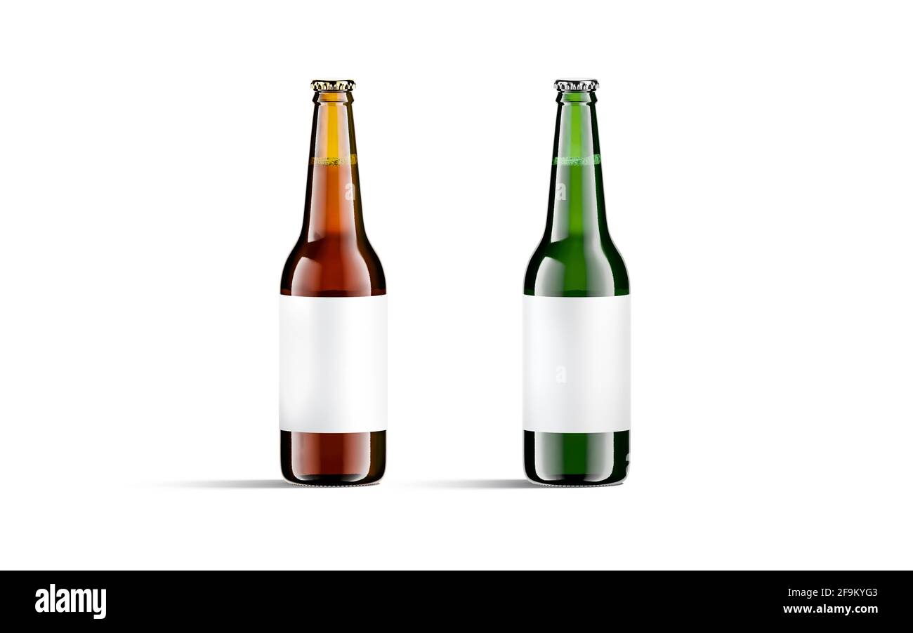 Blank brown and green glass beer bottle white label mockup Stock Photo