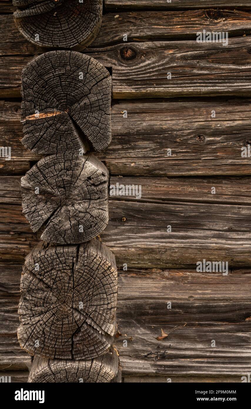 Wooden log cabin or felling  Rustic texture or background. Aged wood wall and boards Stock Photo