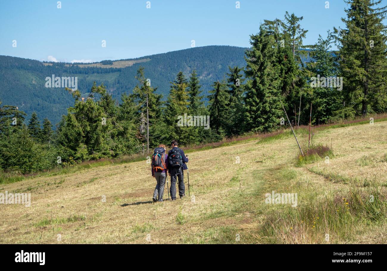 Holidey. A family walking on a hiking trail in Beskid Żywiecki in summer Stock Photo