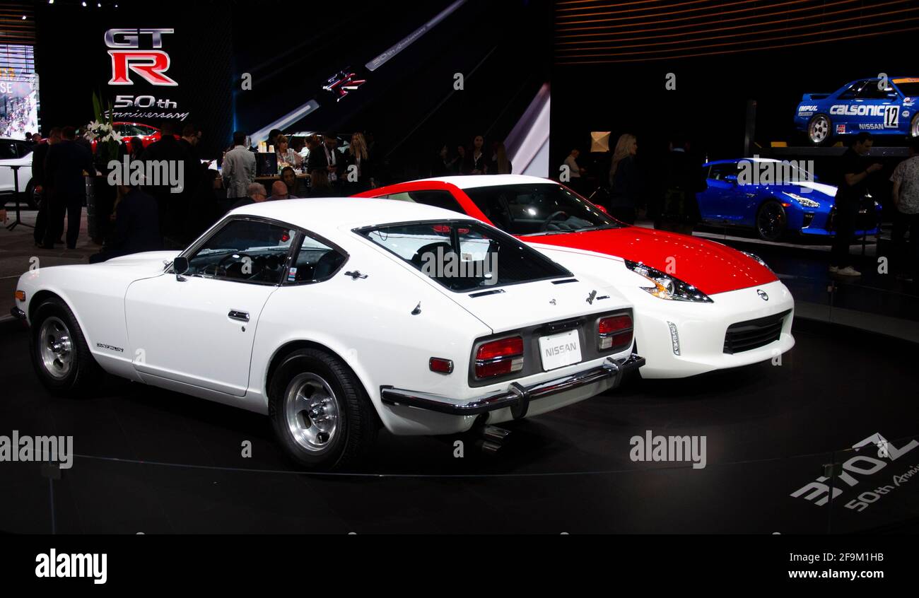 Datsun 280Z with Nissan 370Z (2019) sports cars at New York Auto Show Stock Photo