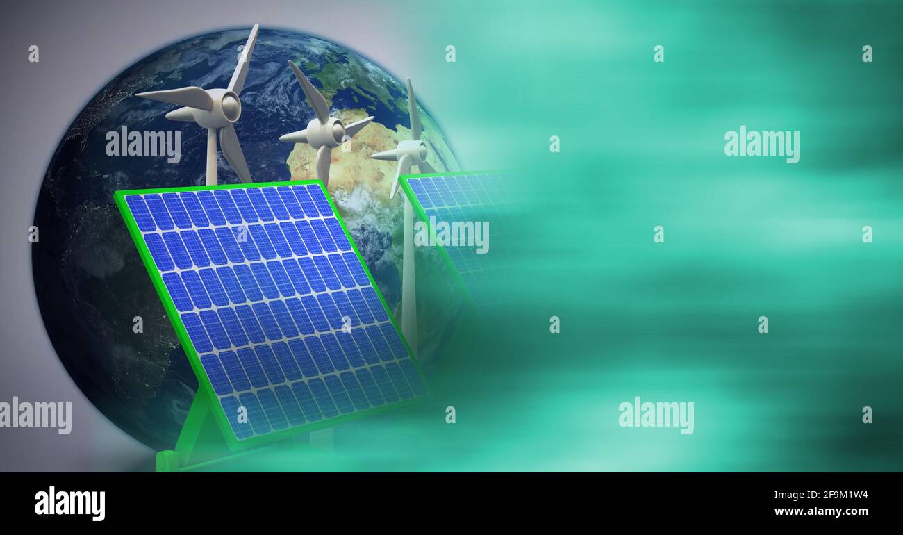 Composition of wind turbines, solar panels over globe with green smoke