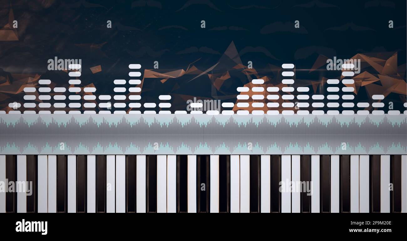 Composition of white graphic music equalizer over piano keyboard