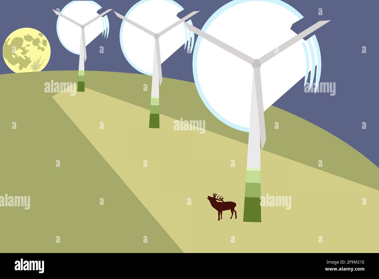 wind power station moving in the wind with deer roaring in the