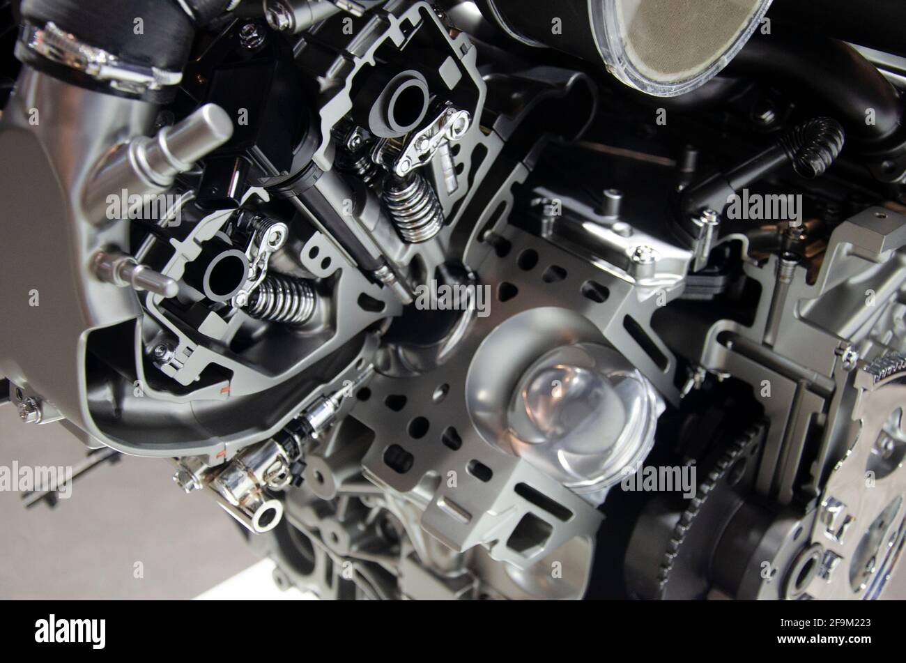 2019 Cadillac CT6V Blackwing V8 engine cutaway (chromed display model) showing valves, piston