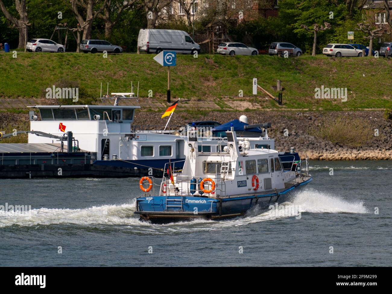 Boat of the NRW Water Police, on the Rhine near Duisburg, NRW, Germany, Stock Photo