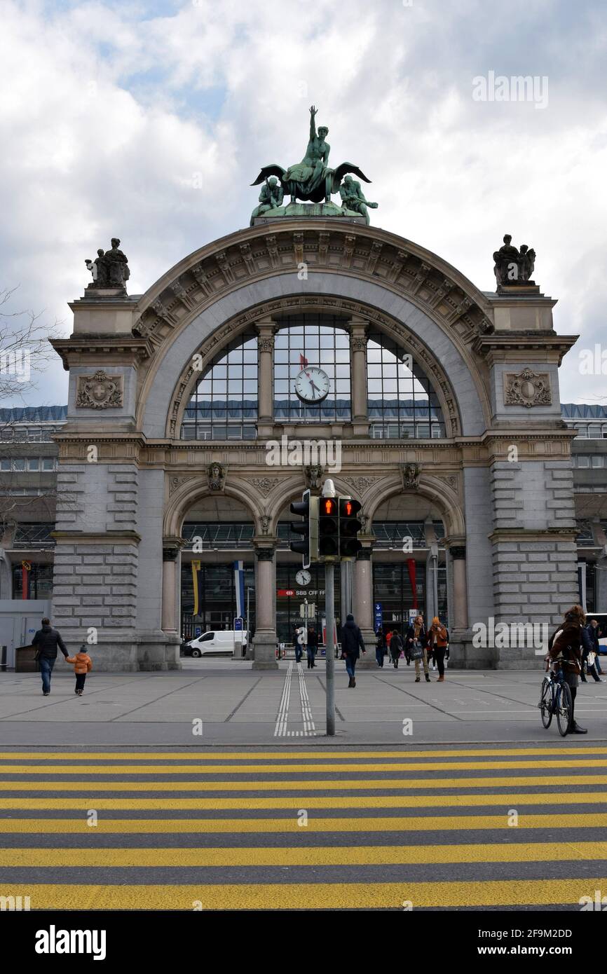 Entrance to the train station in Lucerne, Switzerland. Stock Photo