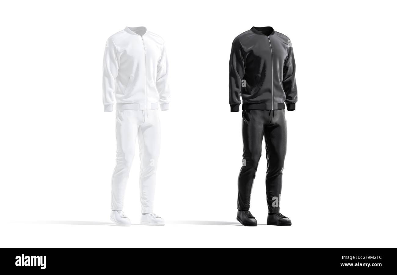 Blank black and white sport tracksuit with bomber, pants mockup Stock Photo