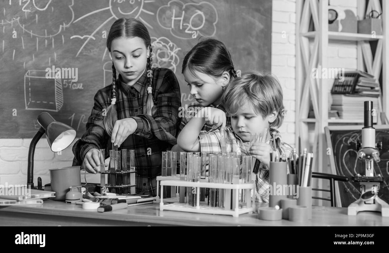 Science and education. chemistry lab. back to school. happy children
