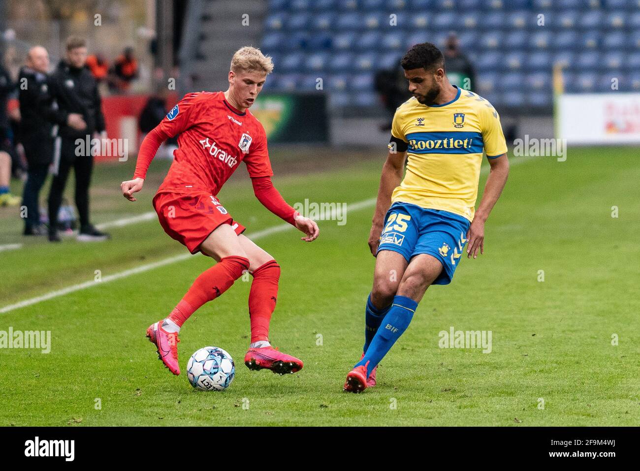 Brondby, Denmark. 18th Apr, 2021. Albert Gronbaek (27) of Aarhus GF and Anis Ben Slimane (25) of Brondby IF seen during the 3F Superliga match between FC Brondby IF and Aarhus GF Brondby Stadion in Brondby. (Photo Credit: Gonzales Photo/Alamy Live News Stock Photo
