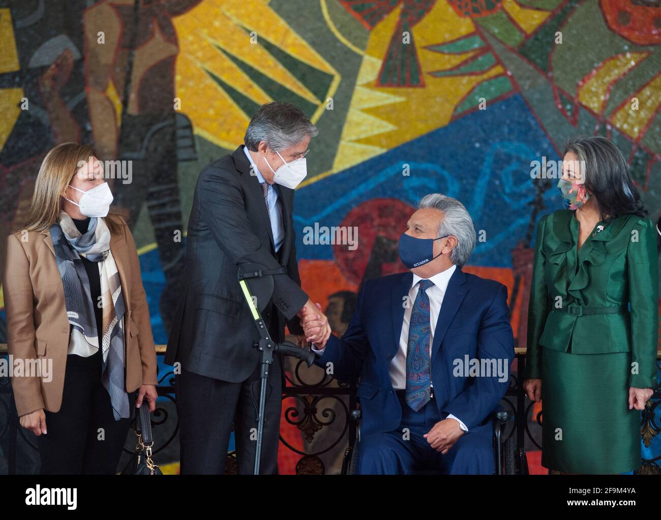 Quito, Ecuador. 19th Apr, 2021. Guillermo Lasso (m., l), president-elect of Ecuador, shakes hands with Lenin Moreno (m., r), president of Ecuador, after a meeting attended by future first lady Lourdes Alcivar (3rd from left). Lasso, a conservative banker, will take office on May 24. Credit: Juan Diego Montenegro/dpa/Alamy Live News Stock Photo