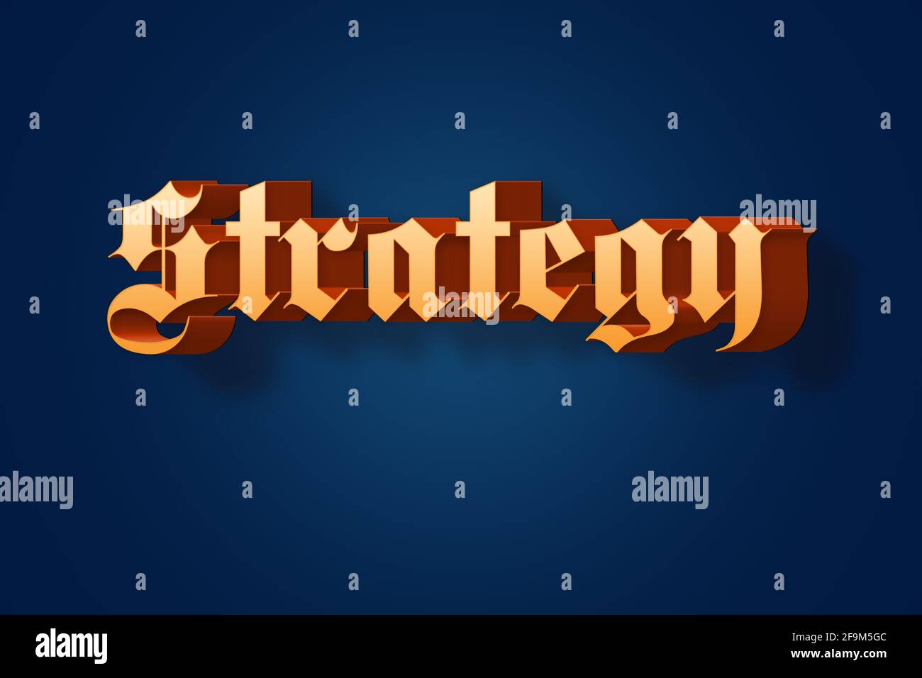 Strategy Lettering Text STRATEGY. The inscription in gold volumetric letters on a blue ...