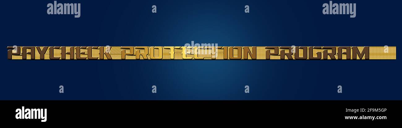 Payroll protection program PPP in the form of an SBA loan. The text is written in gold volumetric letters on a blue background. Banner format Stock Photo