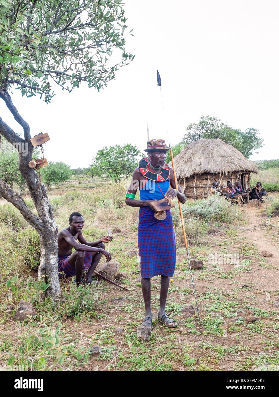 Tribal chief posing in village. The Pokot people (also spelled Pökoot) live in West Pokot County and Baringo County in Kenya Stock Photo