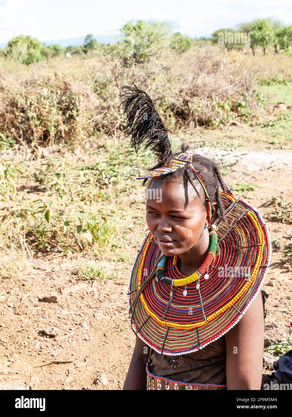 Native woman in traditional garb,  posing in village. The Pokot people (also spelled Pökoot) live in West Pokot County and Baringo County in Kenya Stock Photo