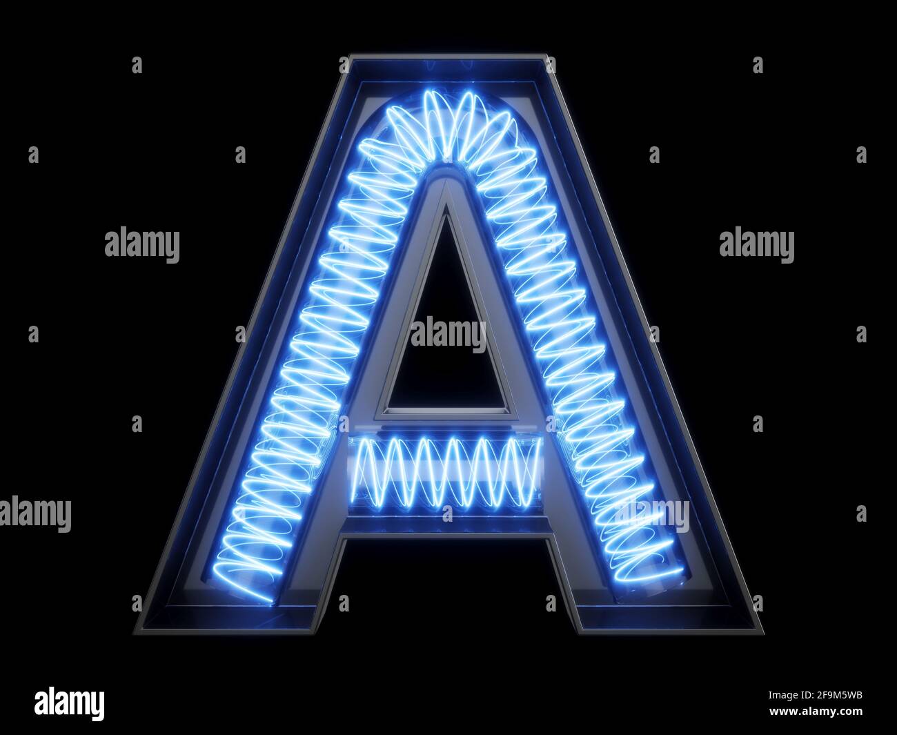 Light bulb glowing letter alphabet character A font. Front view illuminated capital symbol on black background. 3d rendering illustration Stock Photo