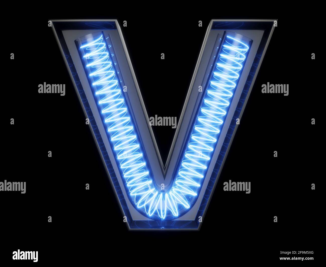 Light bulb glowing letter alphabet character V font. Front view illuminated capital symbol on black background. 3d rendering illustration Stock Photo