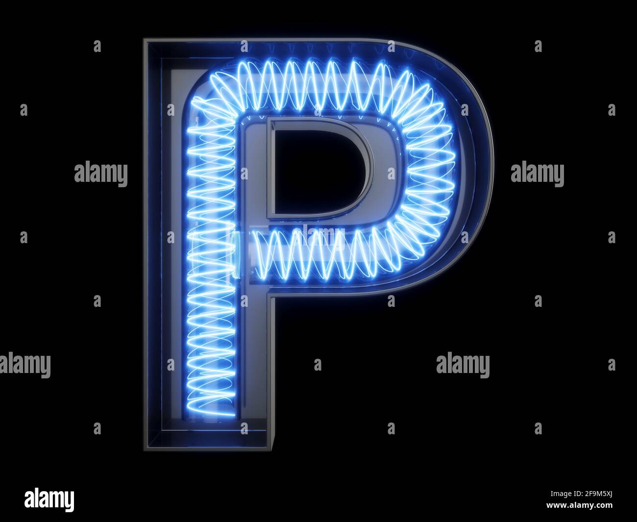 Light bulb glowing letter alphabet character P font. Front view illuminated capital symbol on black background. 3d rendering illustration Stock Photo