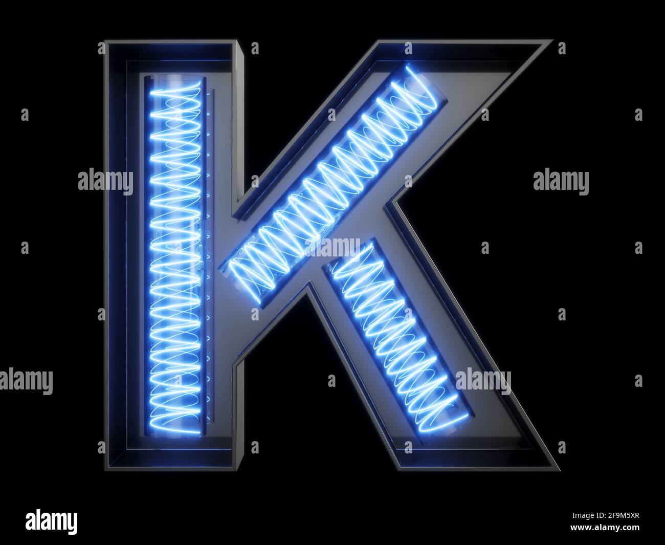 Light bulb glowing letter alphabet character K font. Front view illuminated capital symbol on black background. 3d rendering illustration Stock Photo