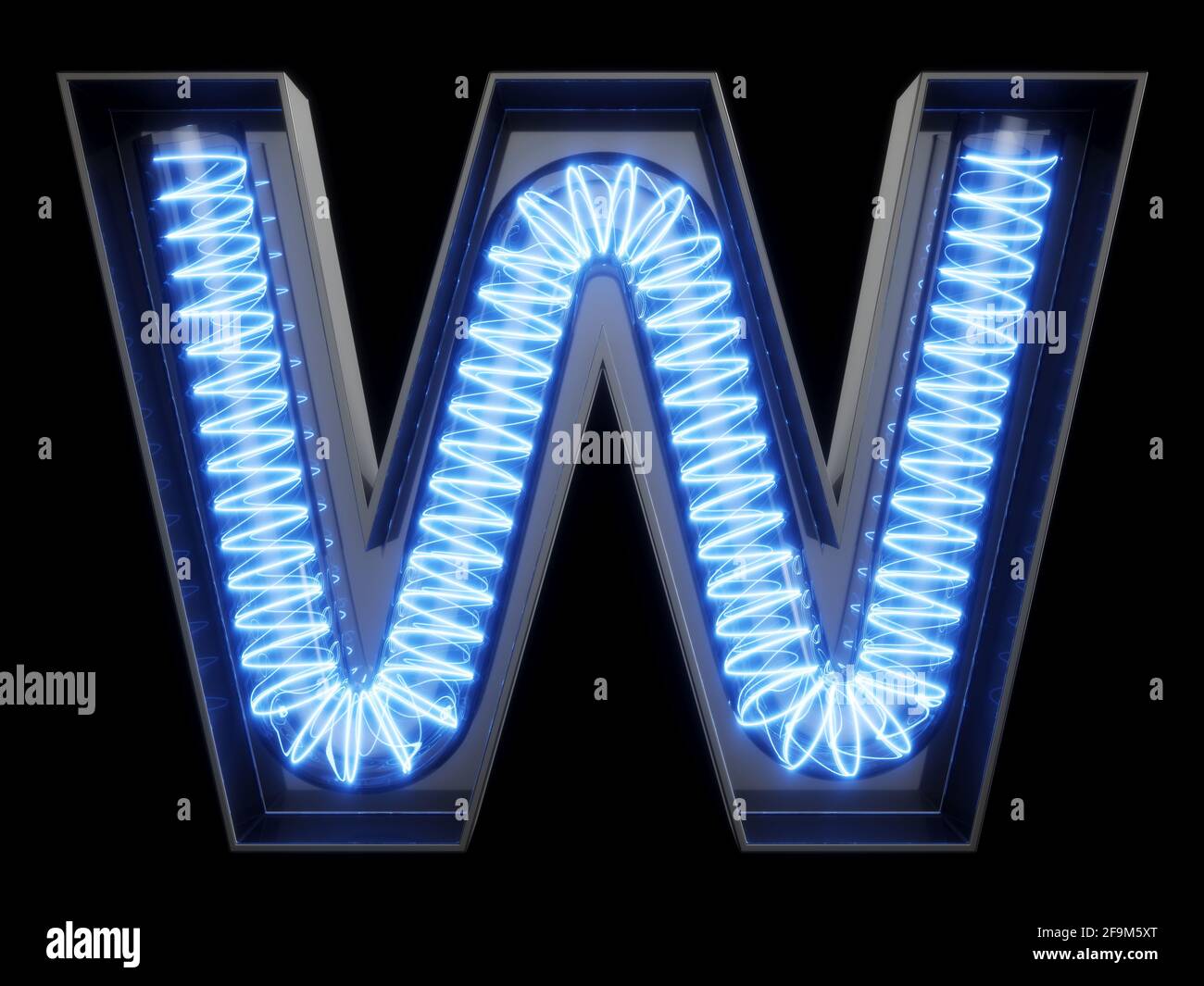 Light bulb glowing letter alphabet character W font. Front view illuminated capital symbol on black background. 3d rendering illustration Stock Photo