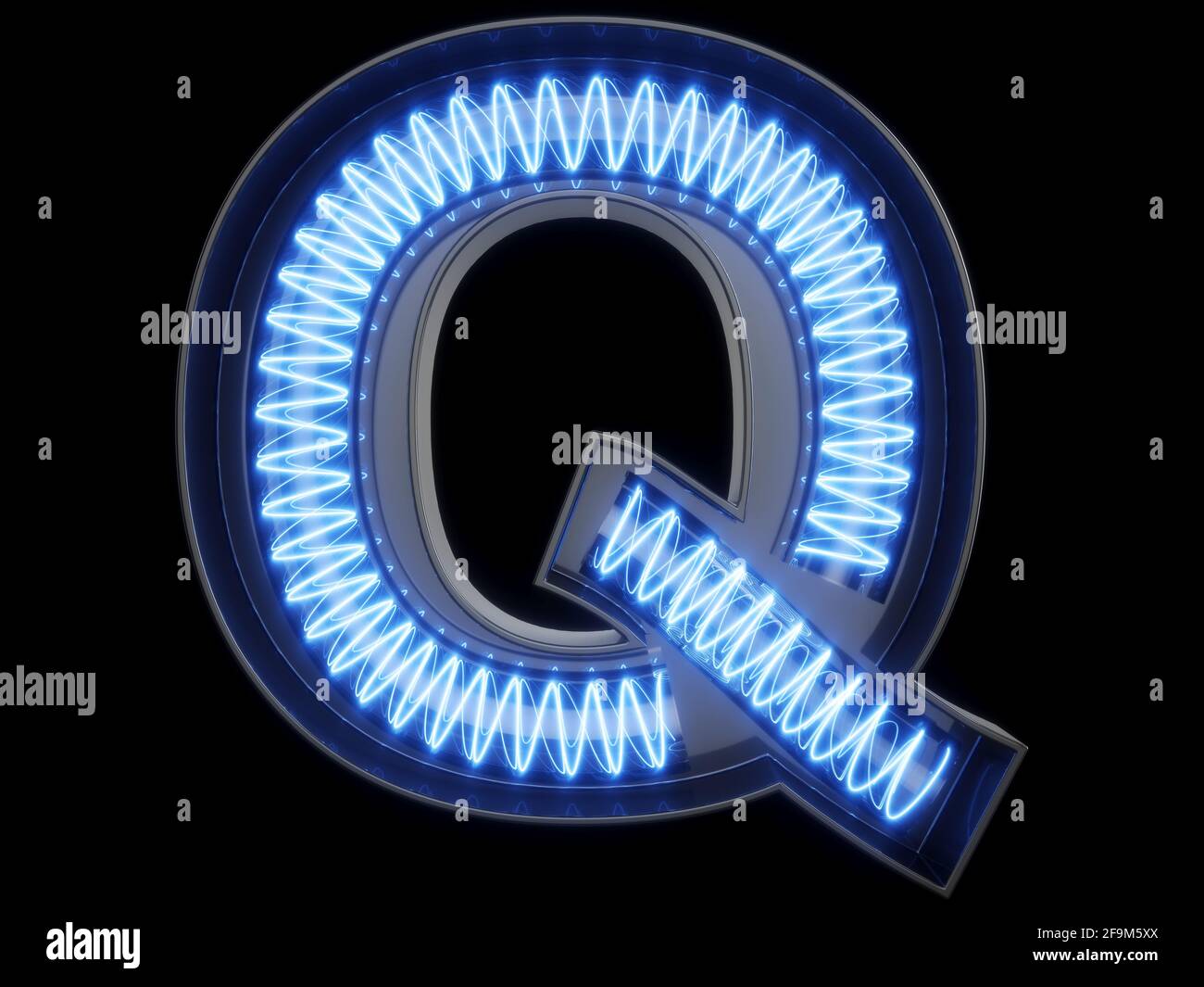 Light bulb glowing letter alphabet character Q font. Front view illuminated capital symbol on black background. 3d rendering illustration Stock Photo
