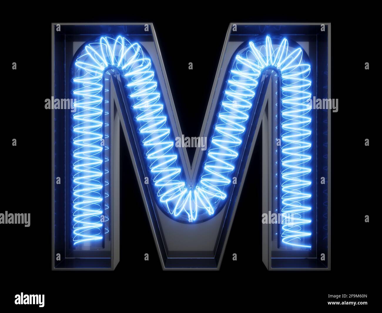 Light bulb glowing letter alphabet character M font. Front view illuminated capital symbol on black background. 3d rendering illustration Stock Photo