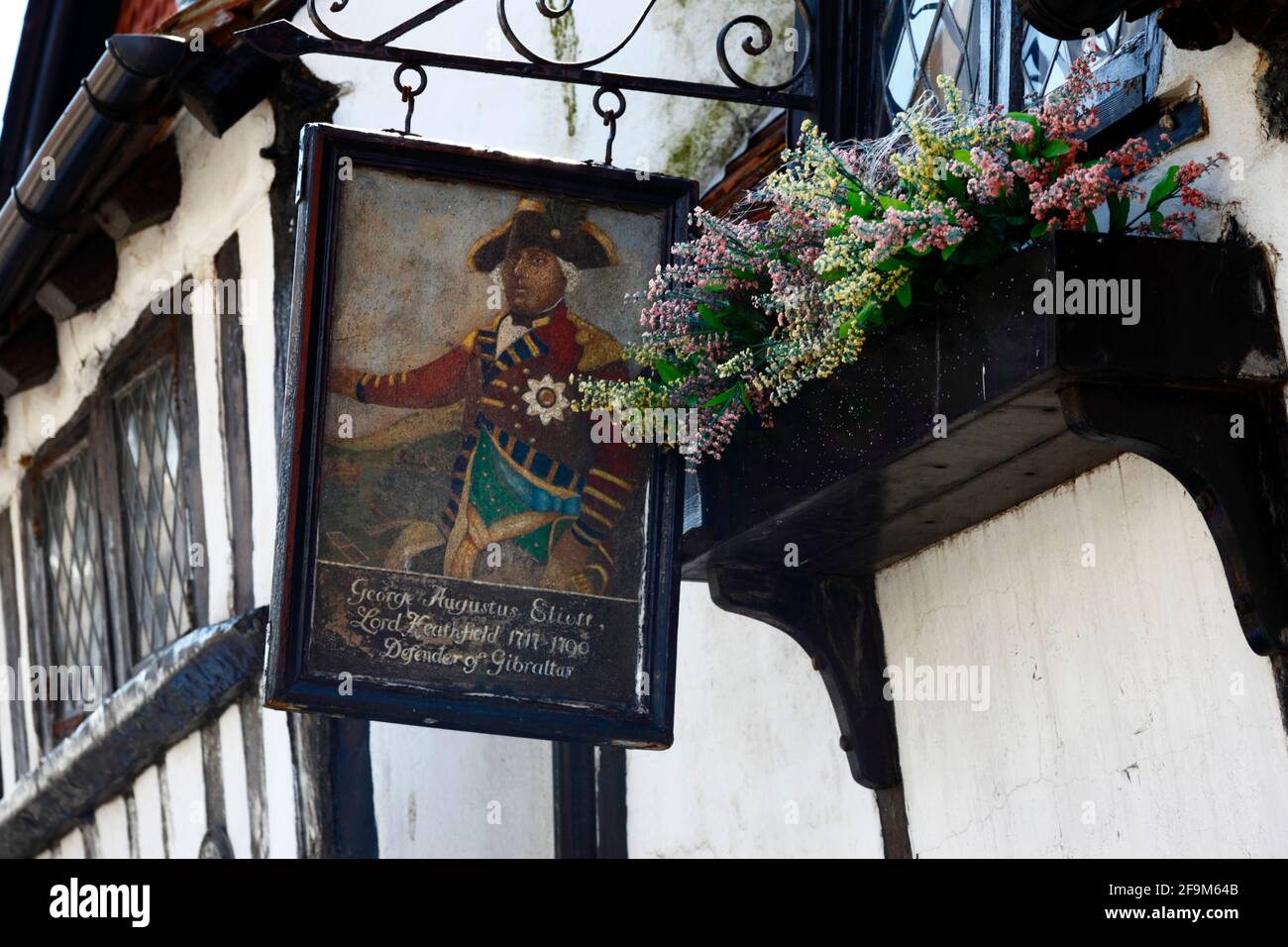Portrait of George Augustus Eliott, 1st Baron Heathfield on sign on Shovells, a historic house in All Saints Street, Old Town, Hastings, East Sussex Stock Photo
